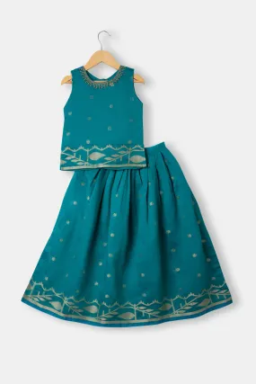 Chittythalli Girls Ethnic Pavadai Set Round Neck with Hand Embroidery Sleeveless Top with Box Pleat Skirt - Teal Green - PS71