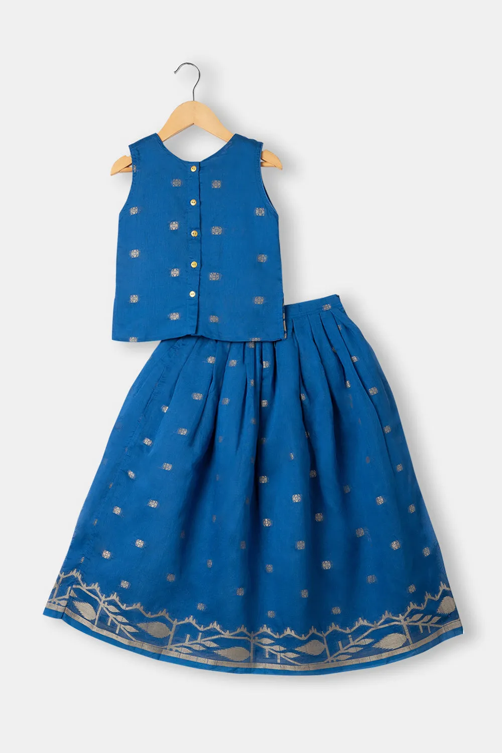 Chittythalli Girls Ethnic Pavadai Set Round Neck With Hand Embroidery Sleevless Top With Box Pleat Skirt  - Blue - PS71