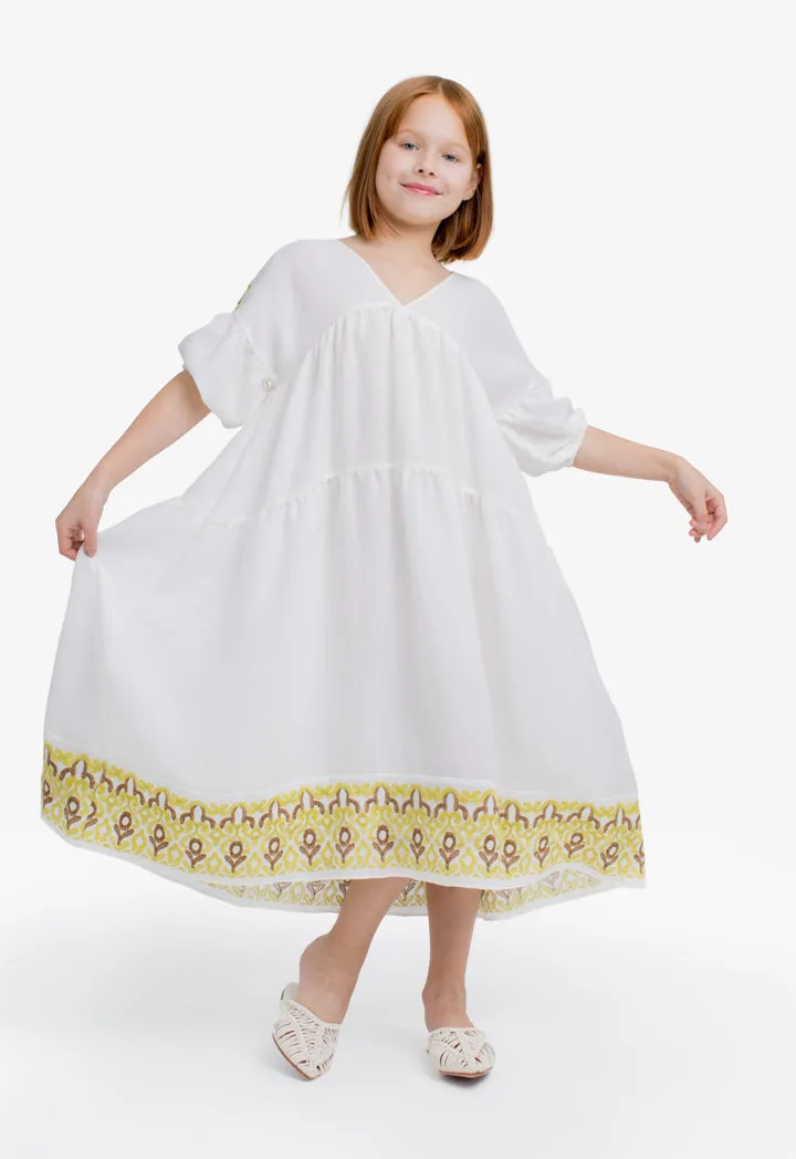 Choice Kids Solid Embroidered Short Sleeves Dress Offwhite