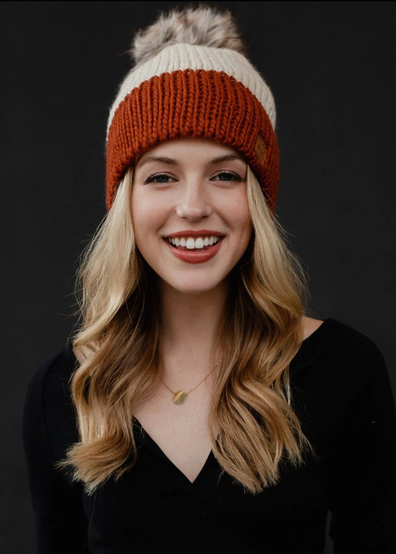 Color-block Knit Hat with Faux Fur Pom