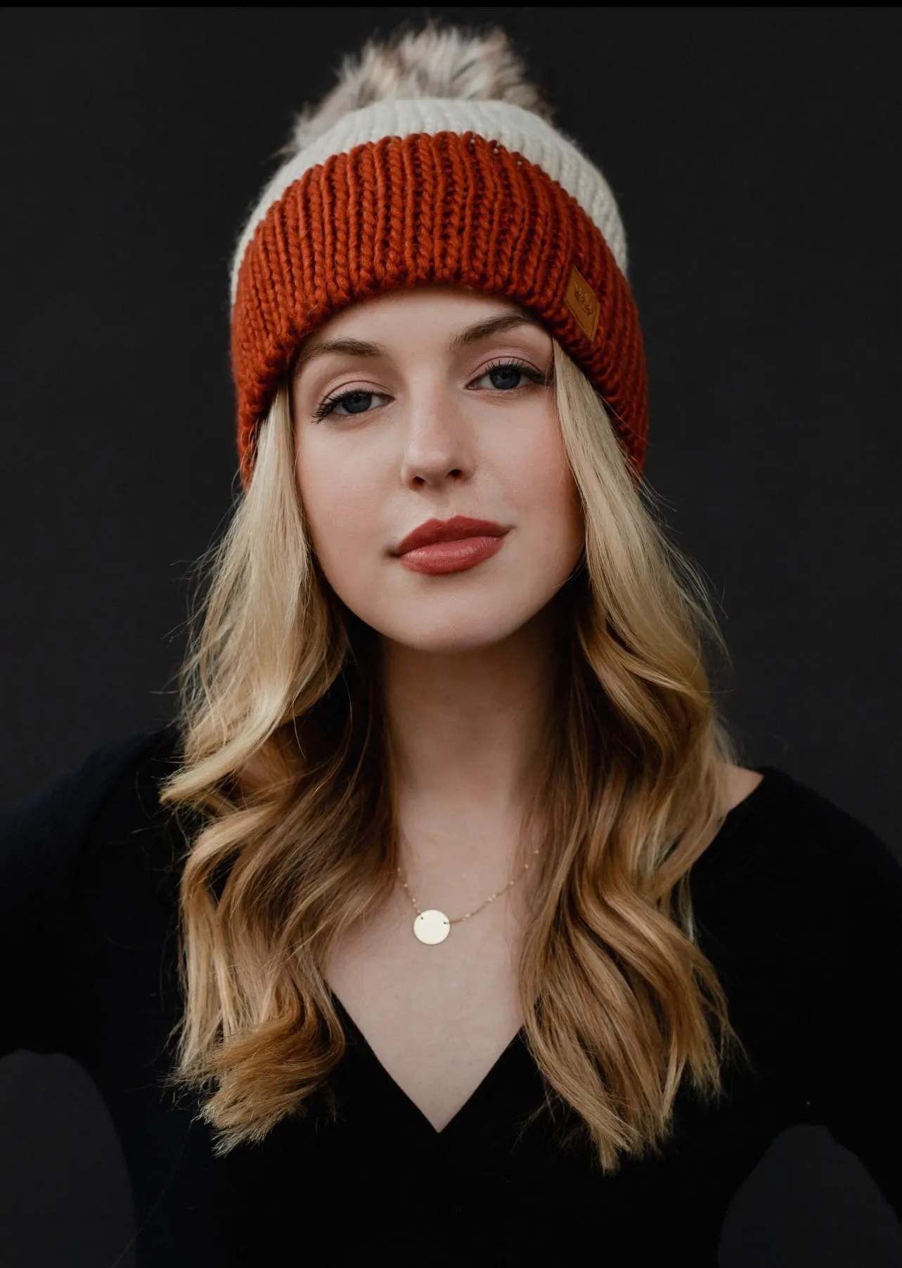 Color-block Knit Hat with Faux Fur Pom