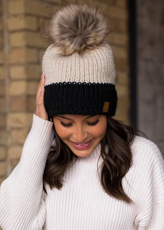 Color-block Knit Hat with Faux Fur Pom