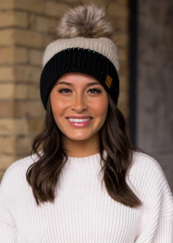 Color-block Knit Hat with Faux Fur Pom