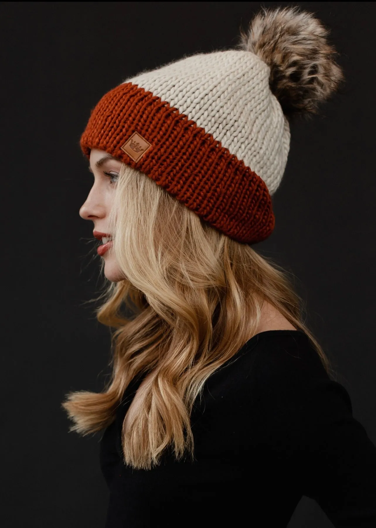 Color-block Knit Hat with Faux Fur Pom