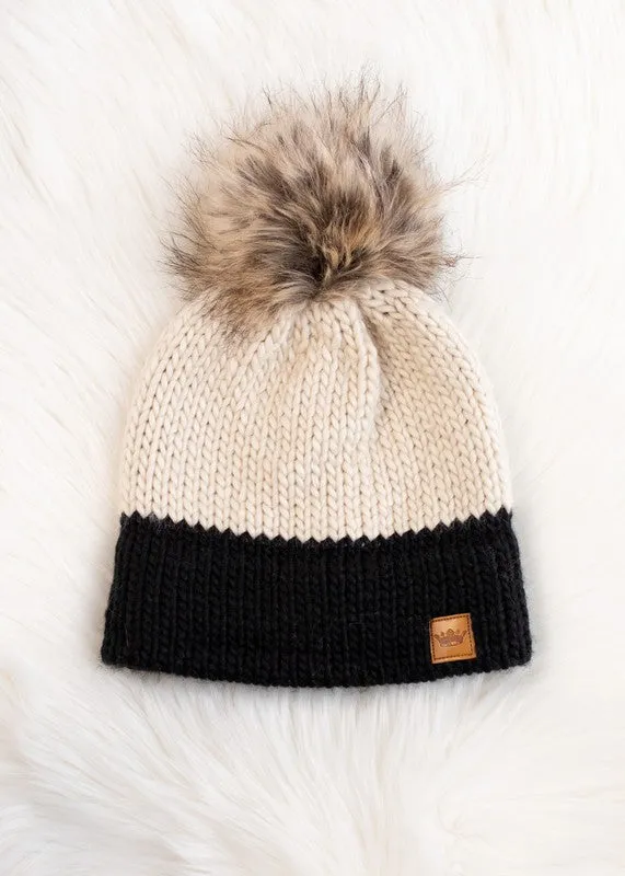 Color-block Knit Hat with Faux Fur Pom