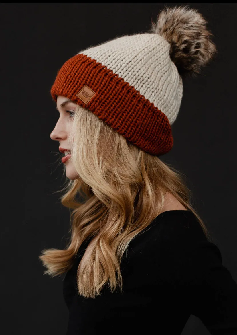 Color-block Knit Hat with Faux Fur Pom