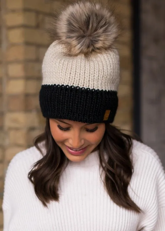 Color-block Knit Hat with Faux Fur Pom