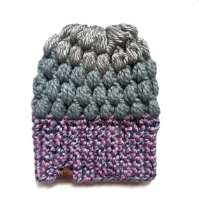 Crochet Puff Stitch Slouch Hat | Purple   Blue   Grey