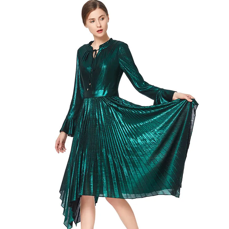 D042 Women metallic knit long sleeves pleated handkerchief-hem midi party dress