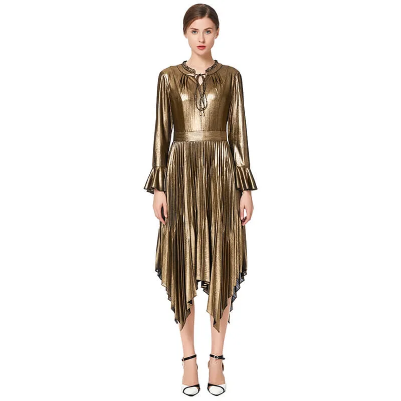 D042 Women metallic knit long sleeves pleated handkerchief-hem midi party dress