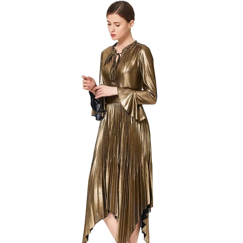 D042 Women metallic knit long sleeves pleated handkerchief-hem midi party dress