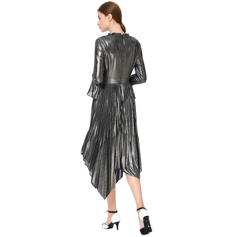 D042 Women metallic knit long sleeves pleated handkerchief-hem midi party dress