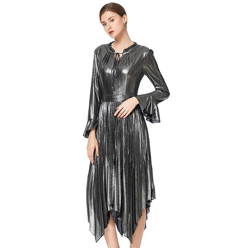 D042 Women metallic knit long sleeves pleated handkerchief-hem midi party dress