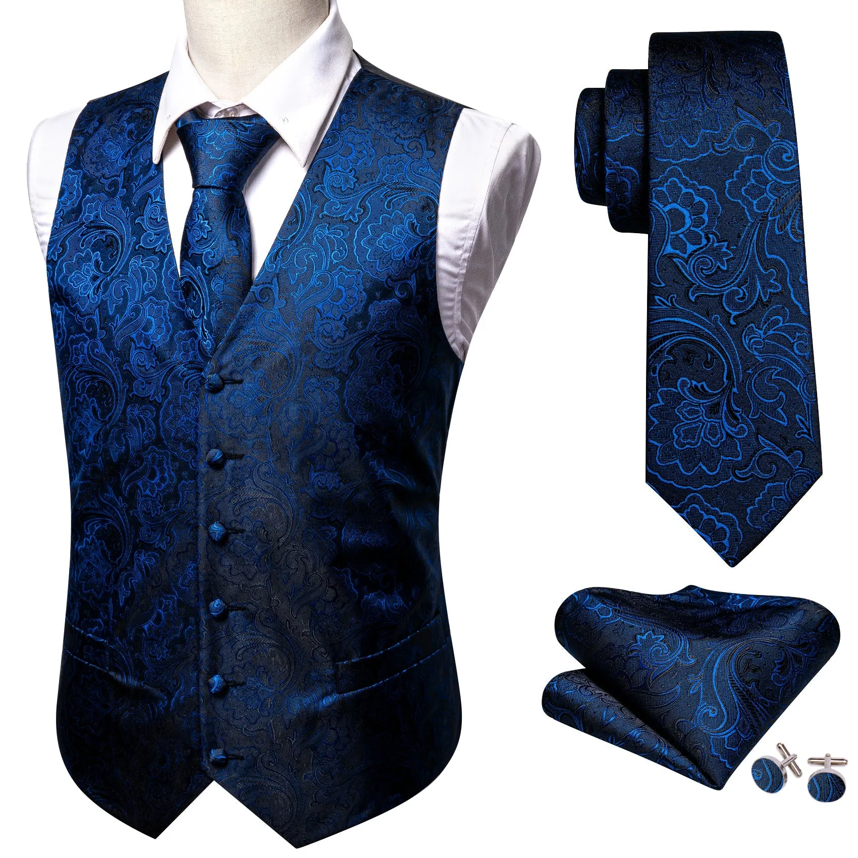 Dark Blue Floral Jacquard Silk Men's Vest Hanky Cufflinks Tie Set