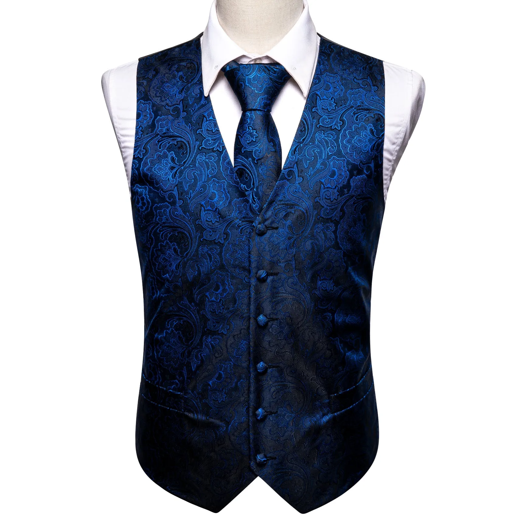 Dark Blue Floral Jacquard Silk Men's Vest Hanky Cufflinks Tie Set