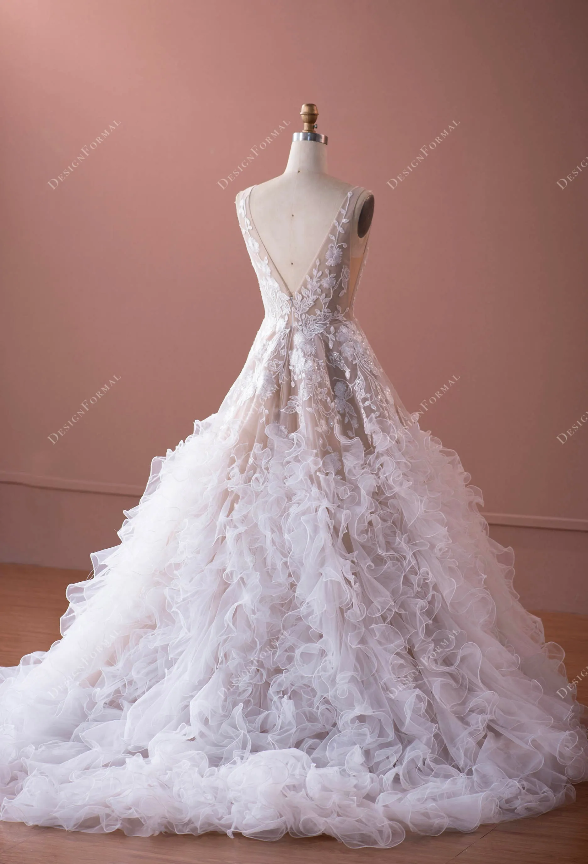 Designer Flower Lace Ruffled Tulle Puffy Beige Wedding Dress