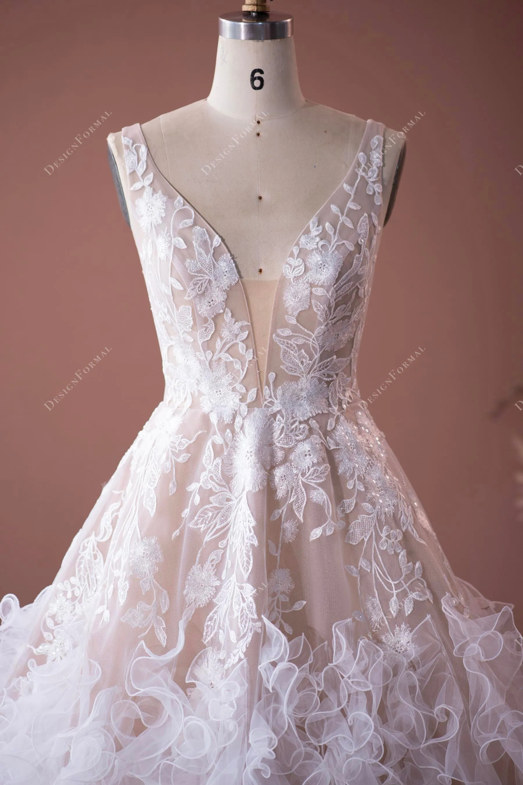 Designer Flower Lace Ruffled Tulle Puffy Beige Wedding Dress