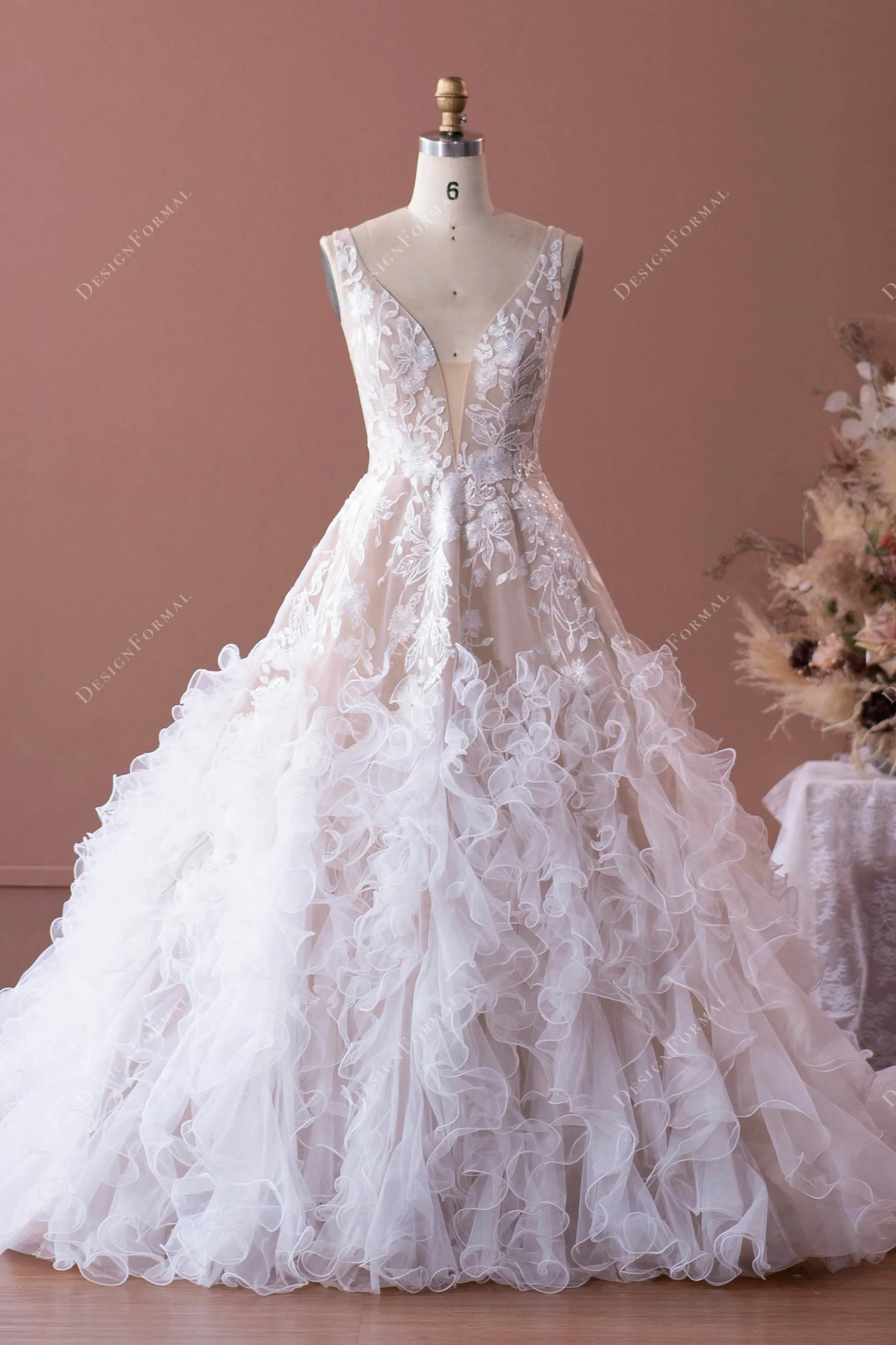 Designer Flower Lace Ruffled Tulle Puffy Beige Wedding Dress