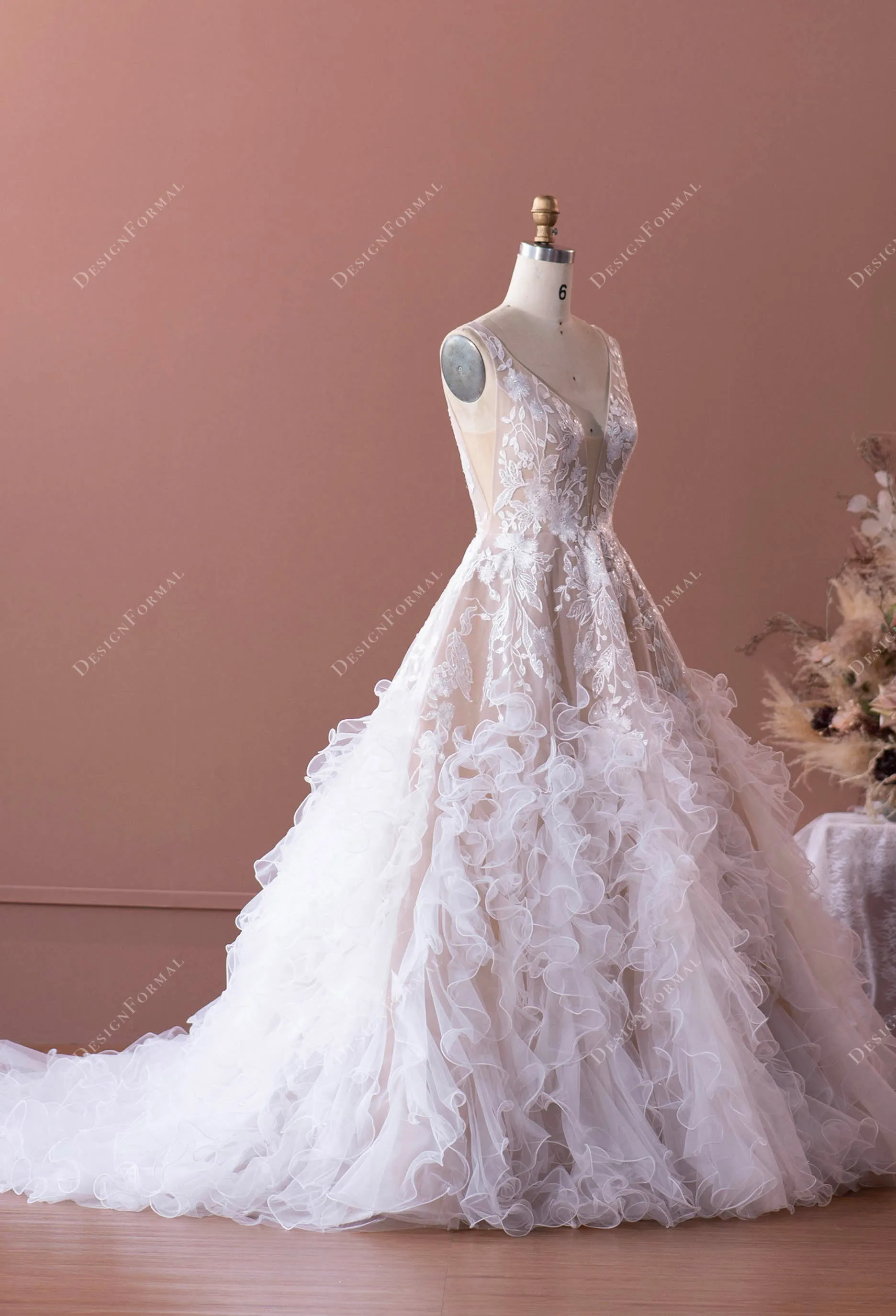 Designer Flower Lace Ruffled Tulle Puffy Beige Wedding Dress