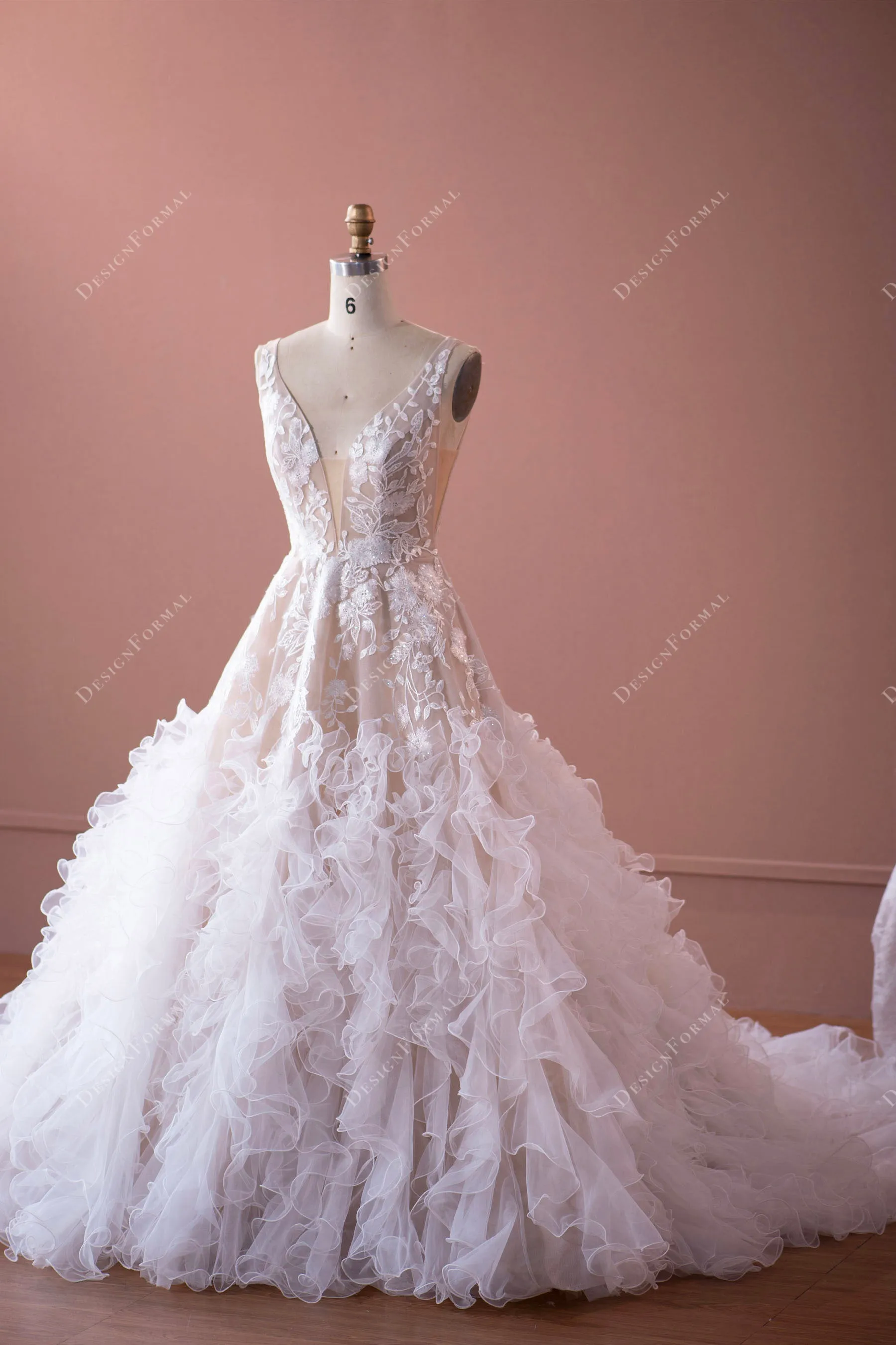 Designer Flower Lace Ruffled Tulle Puffy Beige Wedding Dress