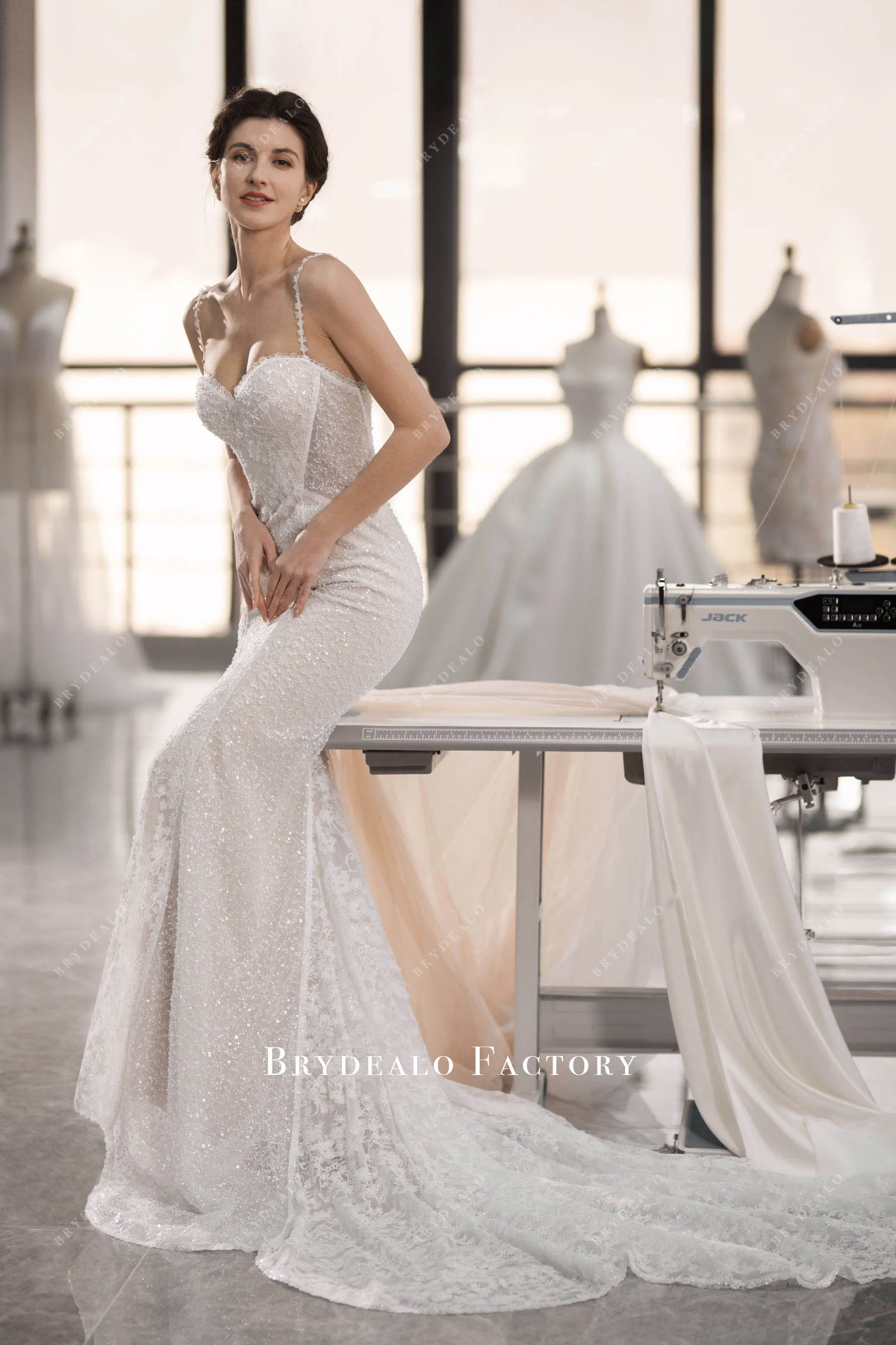 Designer Lace Beaded Mermaid Modern Cutout Train Wedding Dress