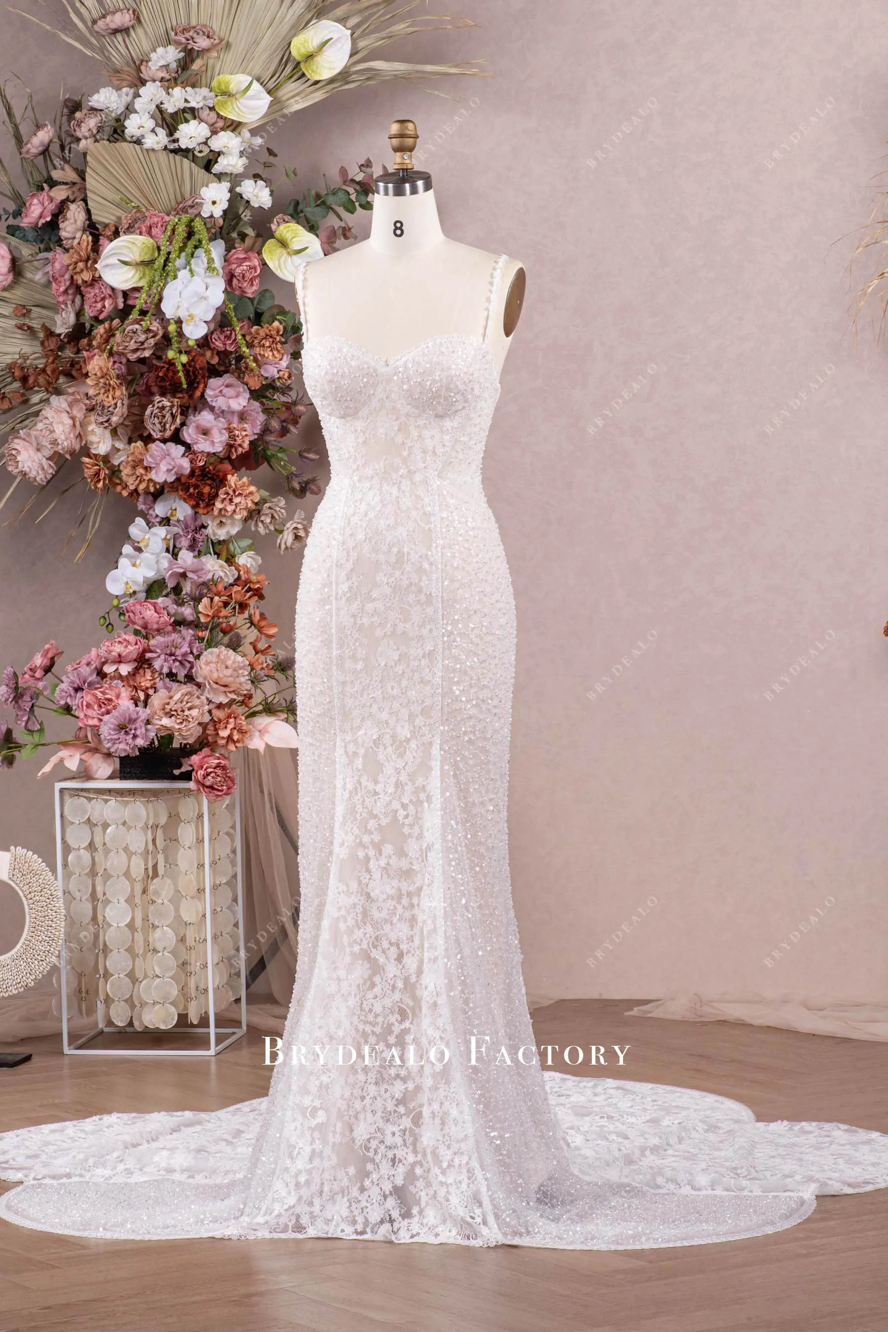 Designer Lace Beaded Mermaid Modern Cutout Train Wedding Dress