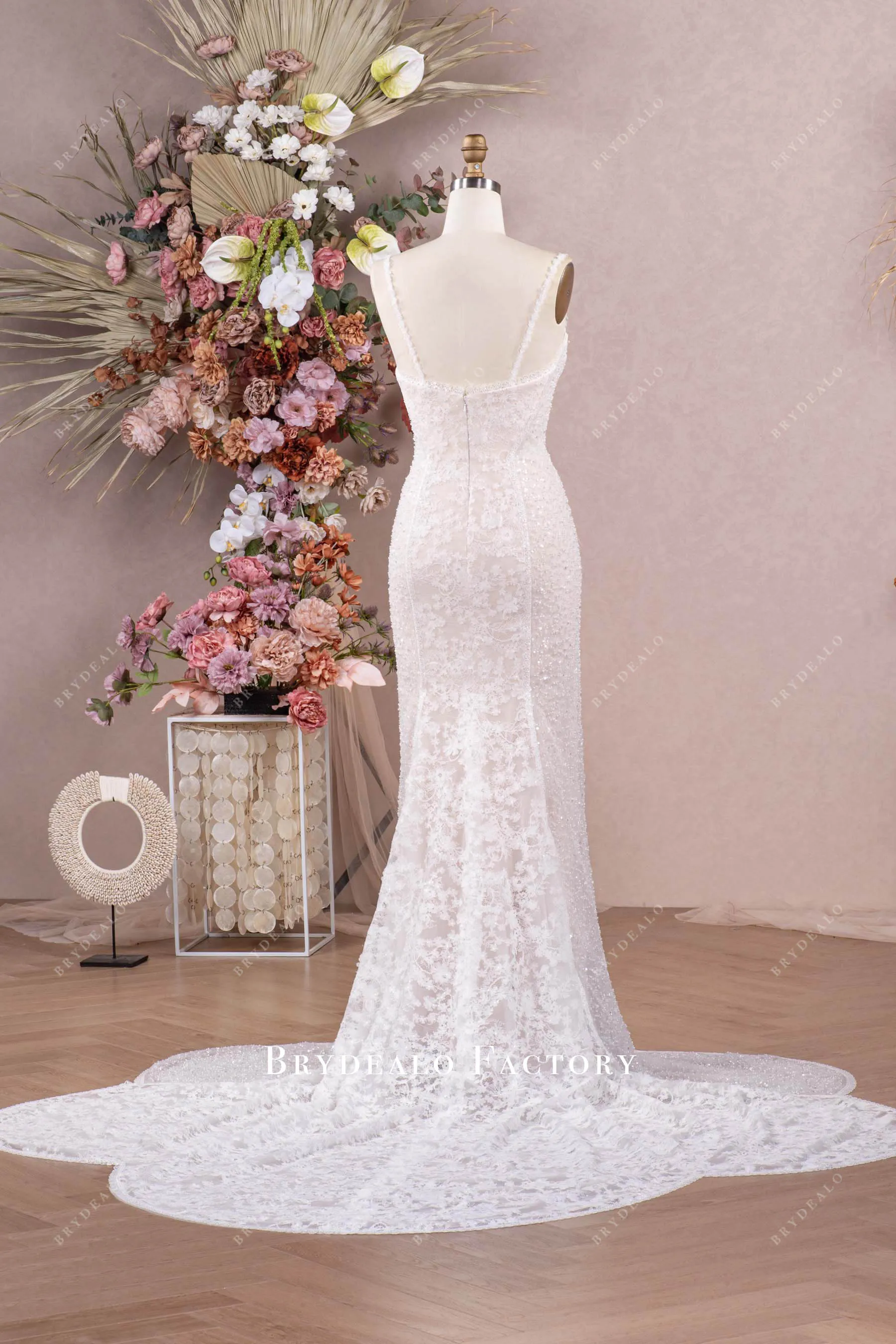 Designer Lace Beaded Mermaid Modern Cutout Train Wedding Dress