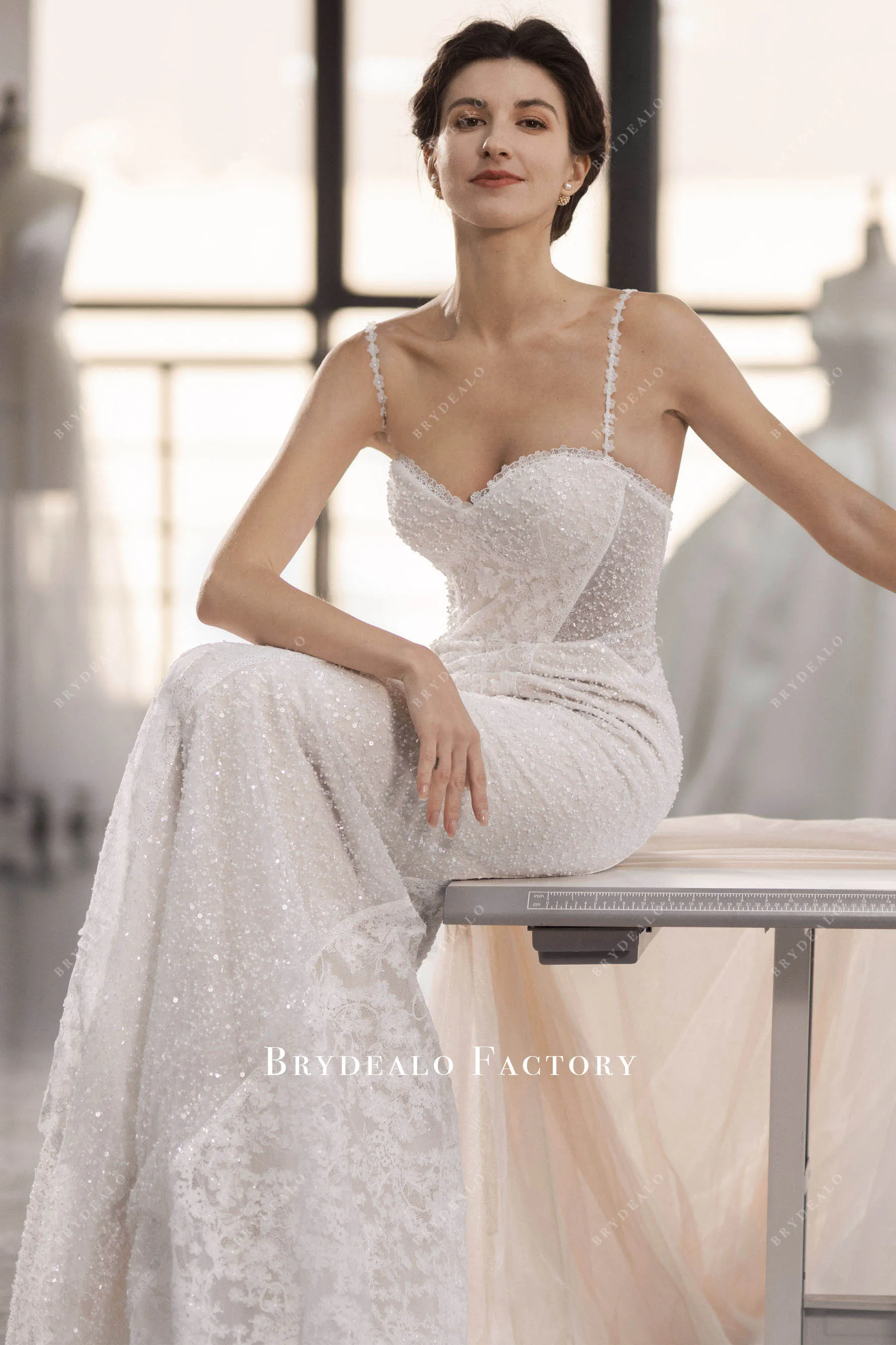 Designer Lace Beaded Mermaid Modern Cutout Train Wedding Dress