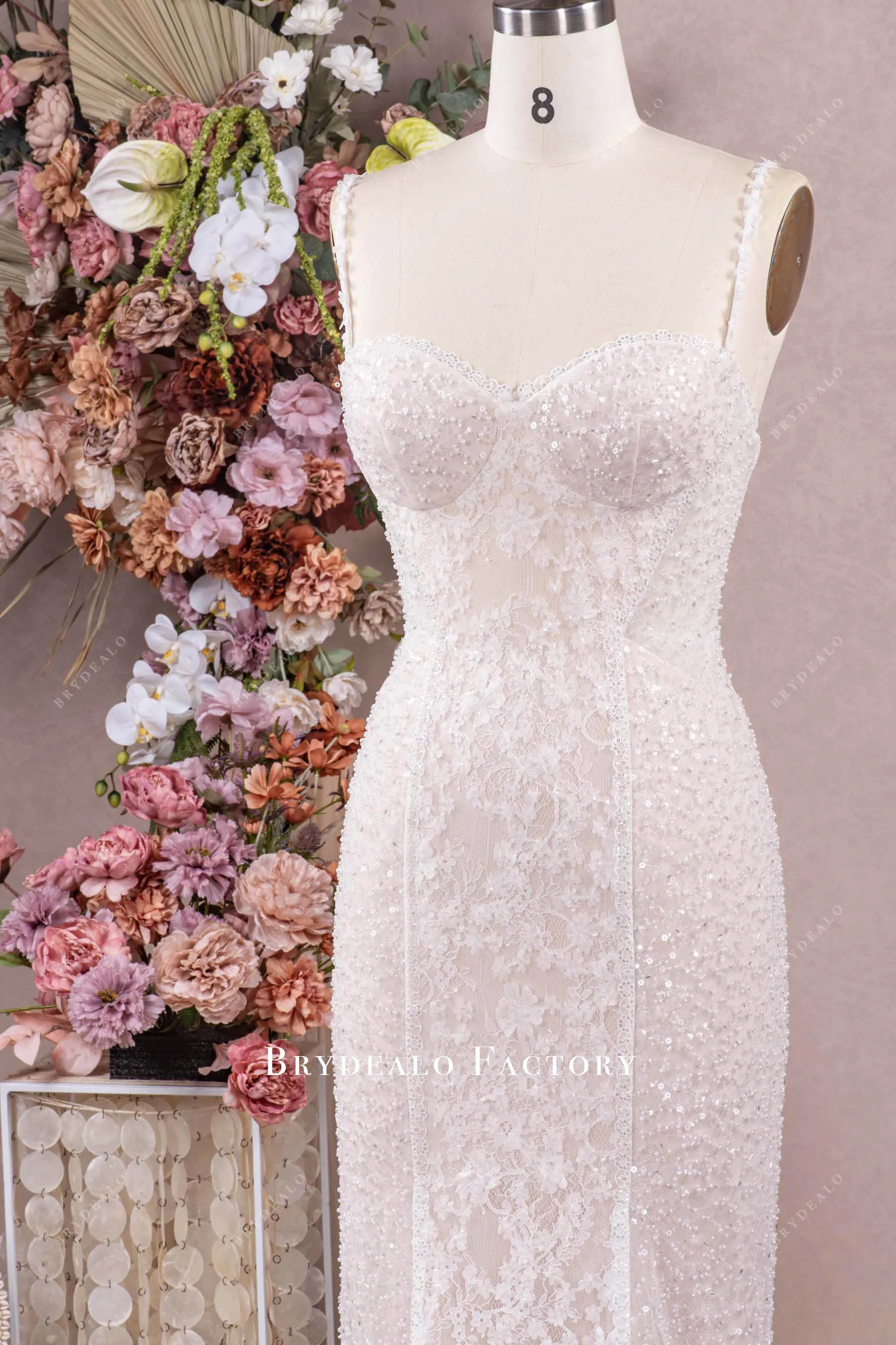 Designer Lace Beaded Mermaid Modern Cutout Train Wedding Dress