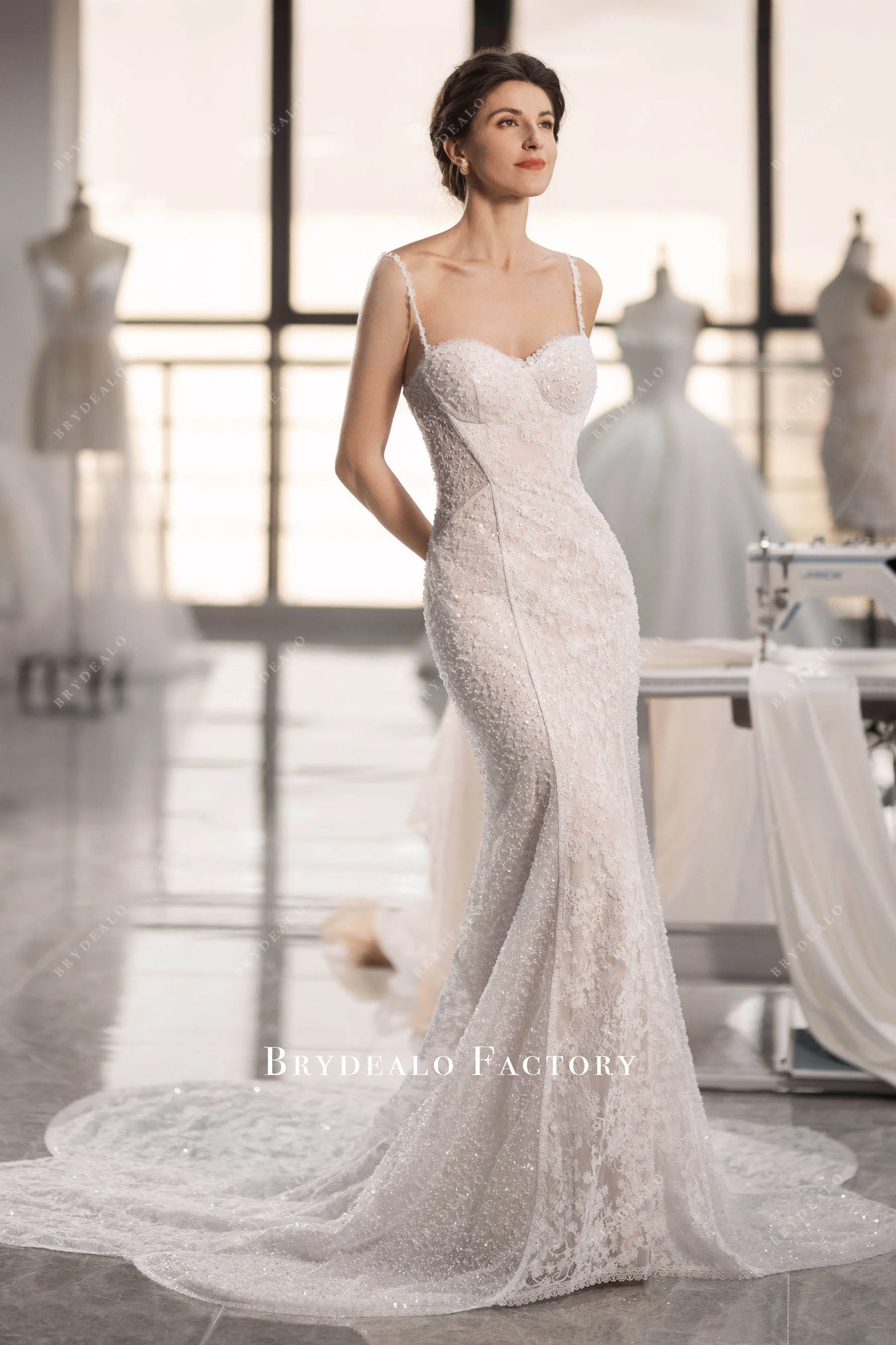 Designer Lace Beaded Mermaid Modern Cutout Train Wedding Dress