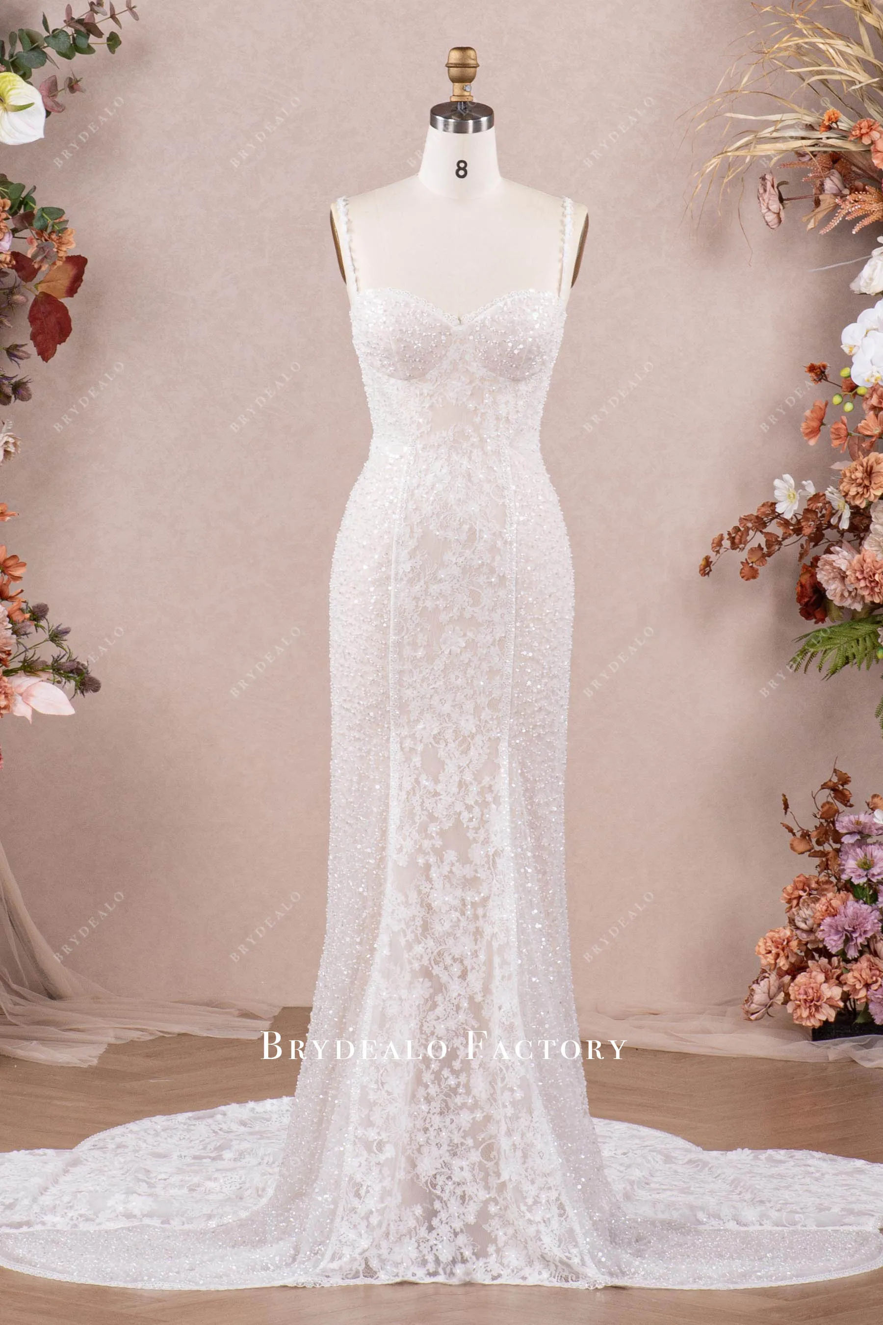 Designer Lace Beaded Mermaid Modern Cutout Train Wedding Dress