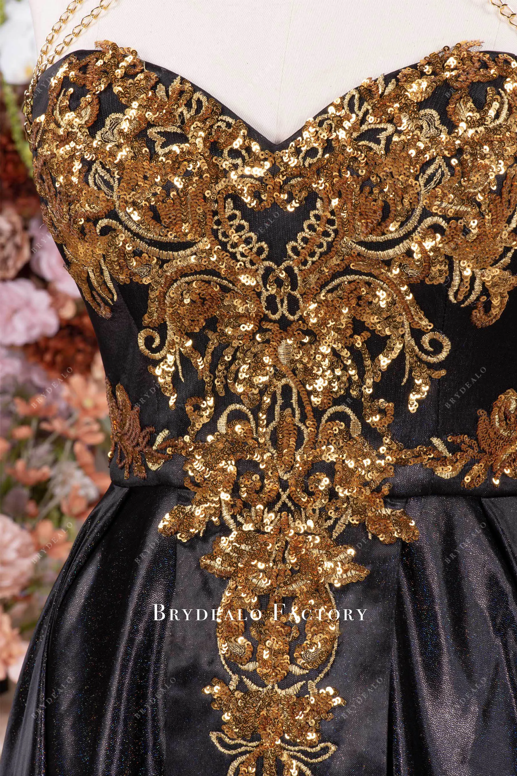 Dramatic Gold Black Shimmery Gold Applique Choker Prom Dress