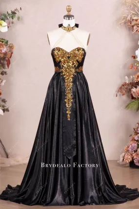 Dramatic Gold Black Shimmery Gold Applique Choker Prom Dress