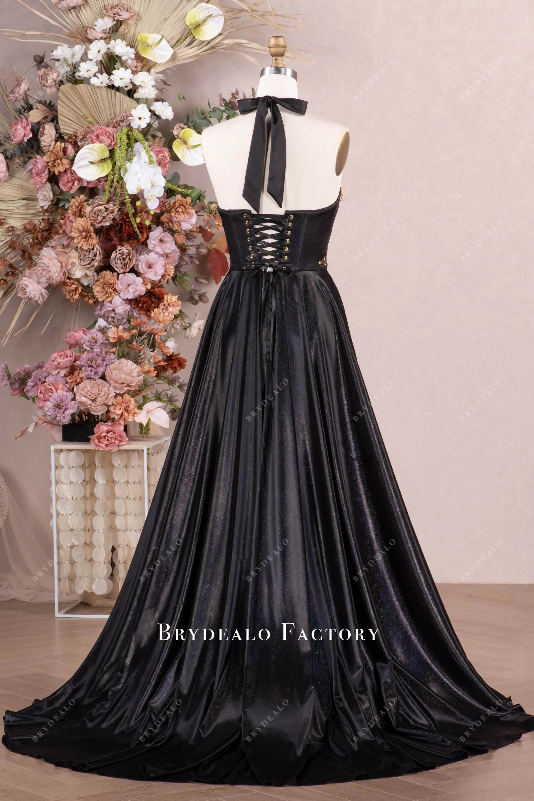 Dramatic Gold Black Shimmery Gold Applique Choker Prom Dress