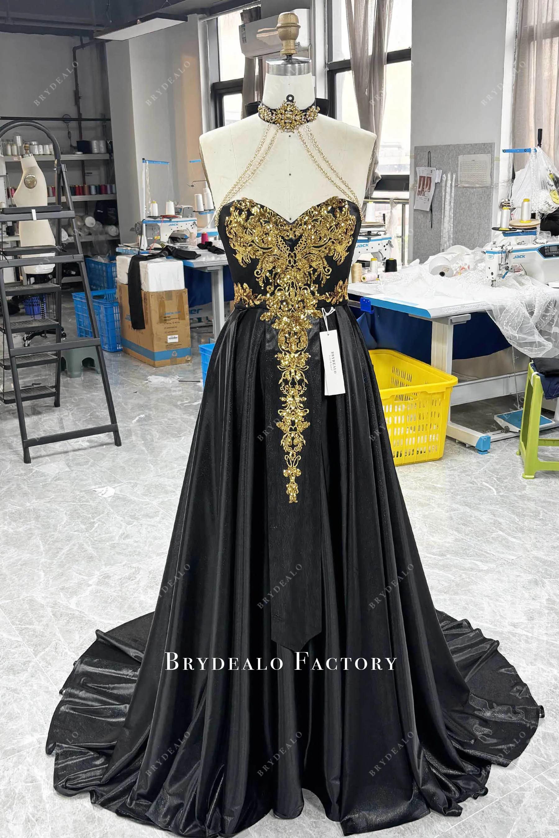 Dramatic Gold Black Shimmery Gold Applique Choker Prom Dress