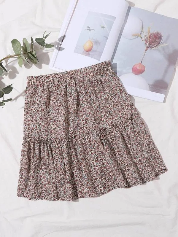 Elastic Waist Ditsy Floral Ruffle Hem Skirt