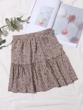 Elastic Waist Ditsy Floral Ruffle Hem Skirt