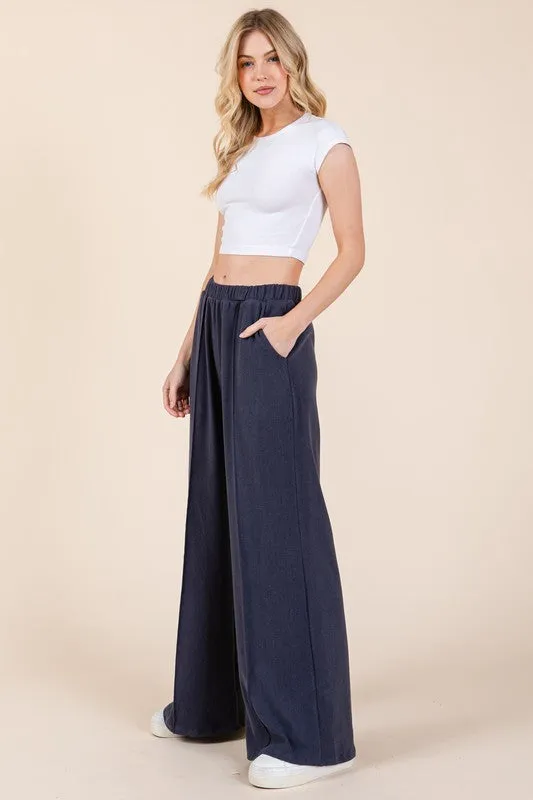 Elastic Waist Wide Leg Pants with Pockets - Navy