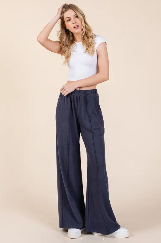 Elastic Waist Wide Leg Pants with Pockets - Navy