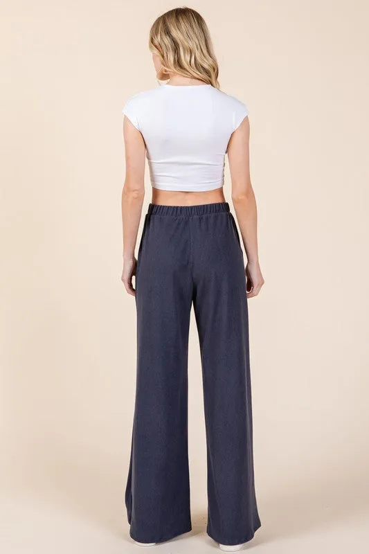 Elastic Waist Wide Leg Pants with Pockets - Navy