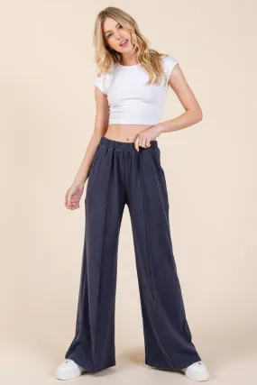 Elastic Waist Wide Leg Pants with Pockets - Navy