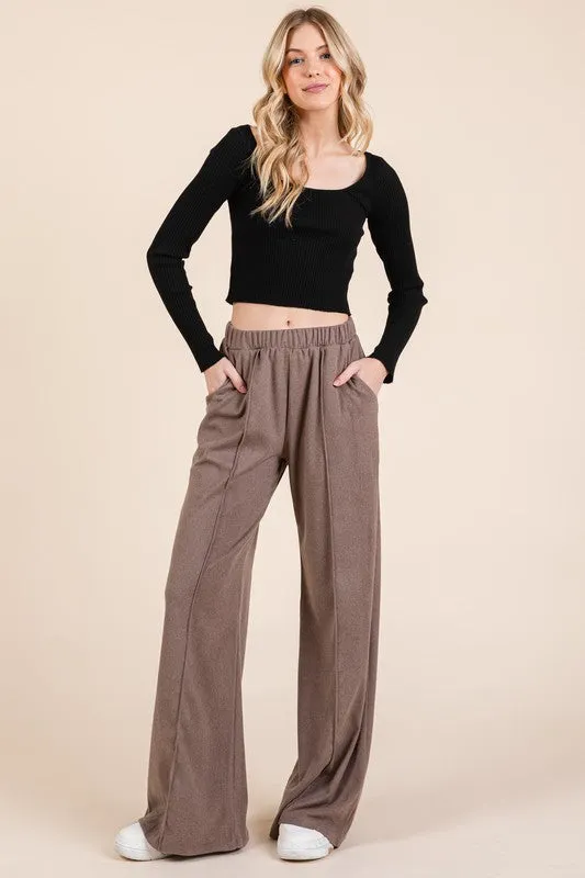 Elastic Waist Wide Leg Pants with Pockets - Taupe