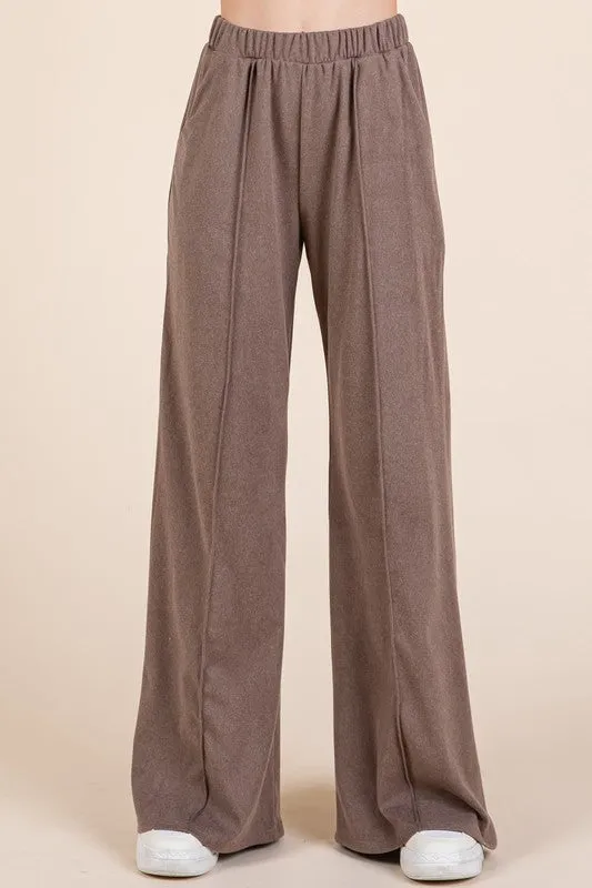 Elastic Waist Wide Leg Pants with Pockets - Taupe