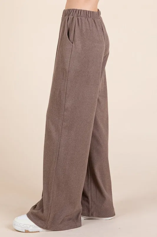 Elastic Waist Wide Leg Pants with Pockets - Taupe