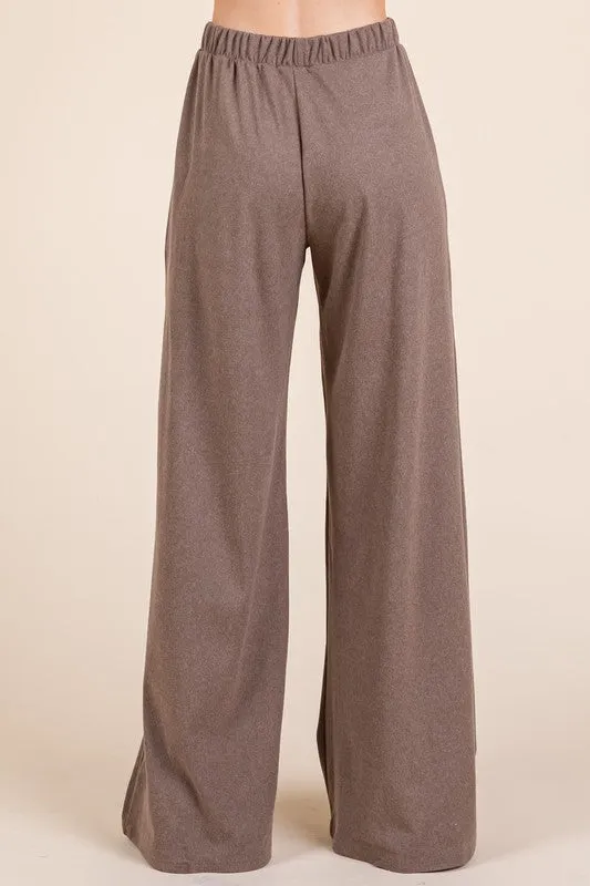 Elastic Waist Wide Leg Pants with Pockets - Taupe