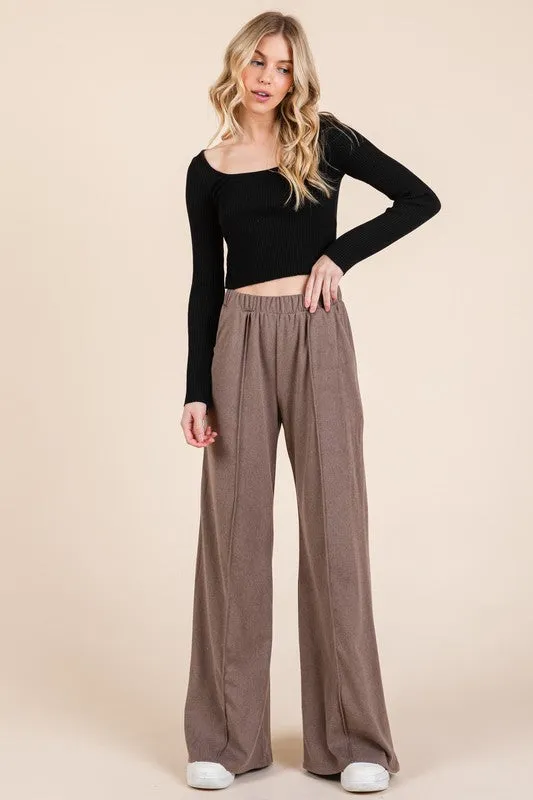 Elastic Waist Wide Leg Pants with Pockets - Taupe