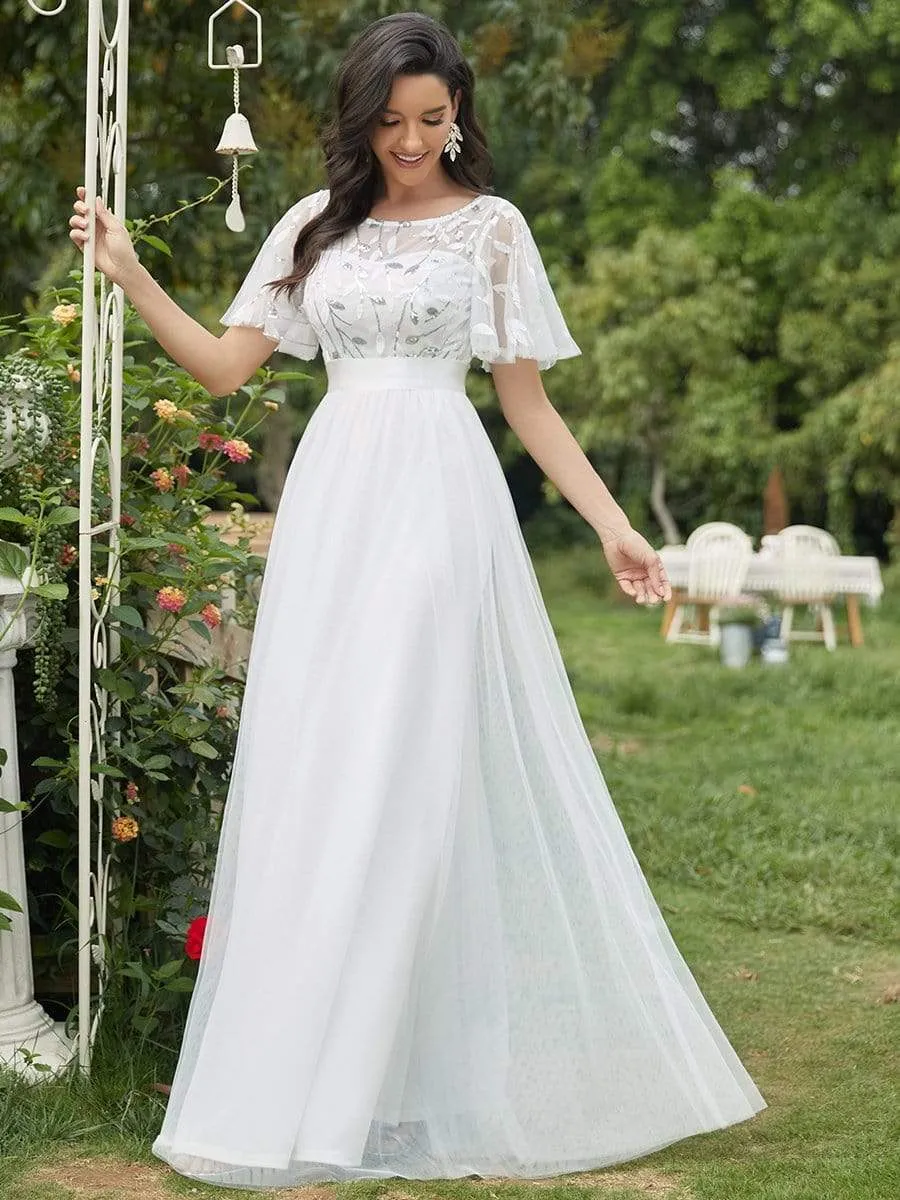 Elegant A-Line Short Sleeve Sequin Leaf Causal Wedding Dress