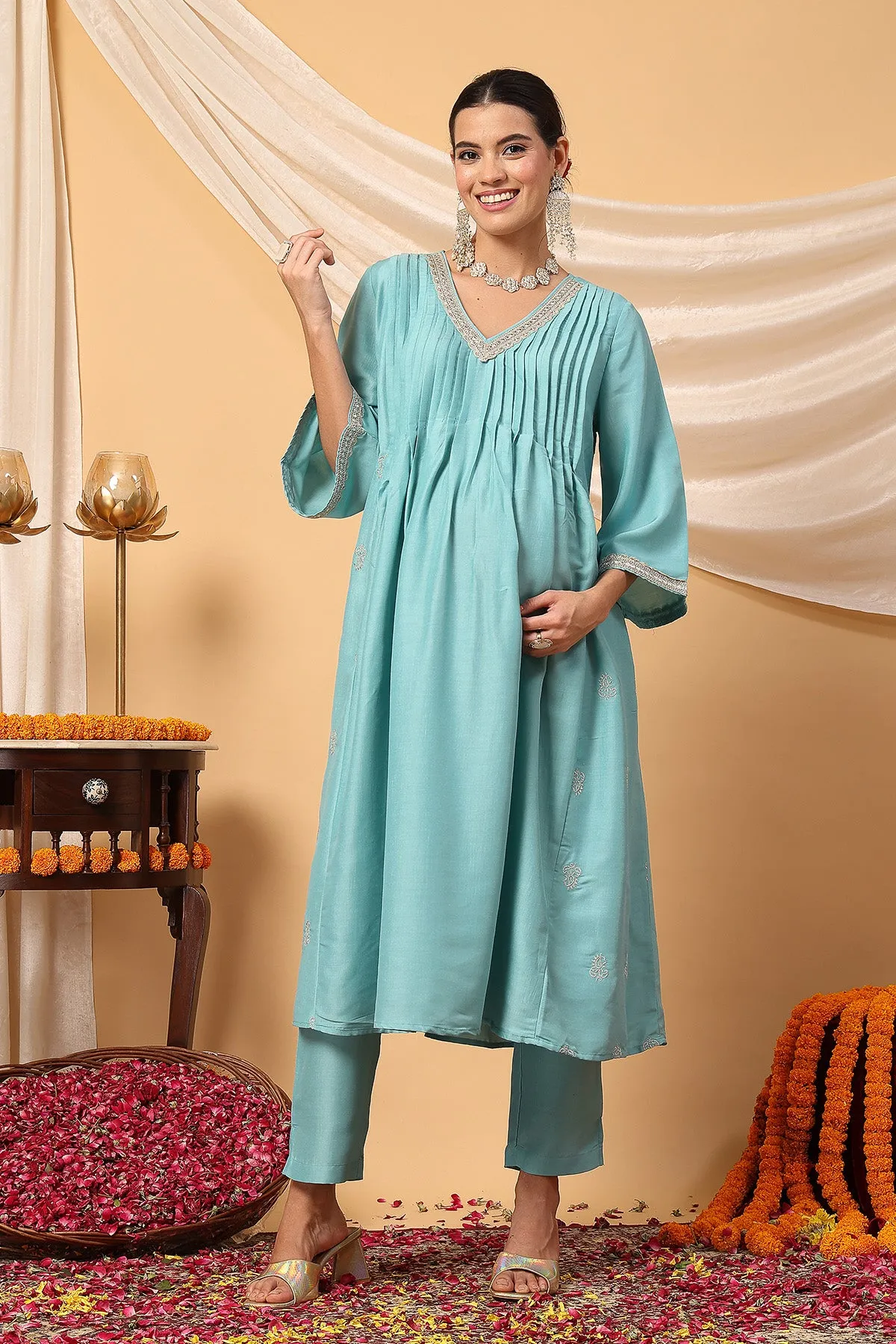 Elegant Turquoise Festive Glow Maternity Feeding Suit Set