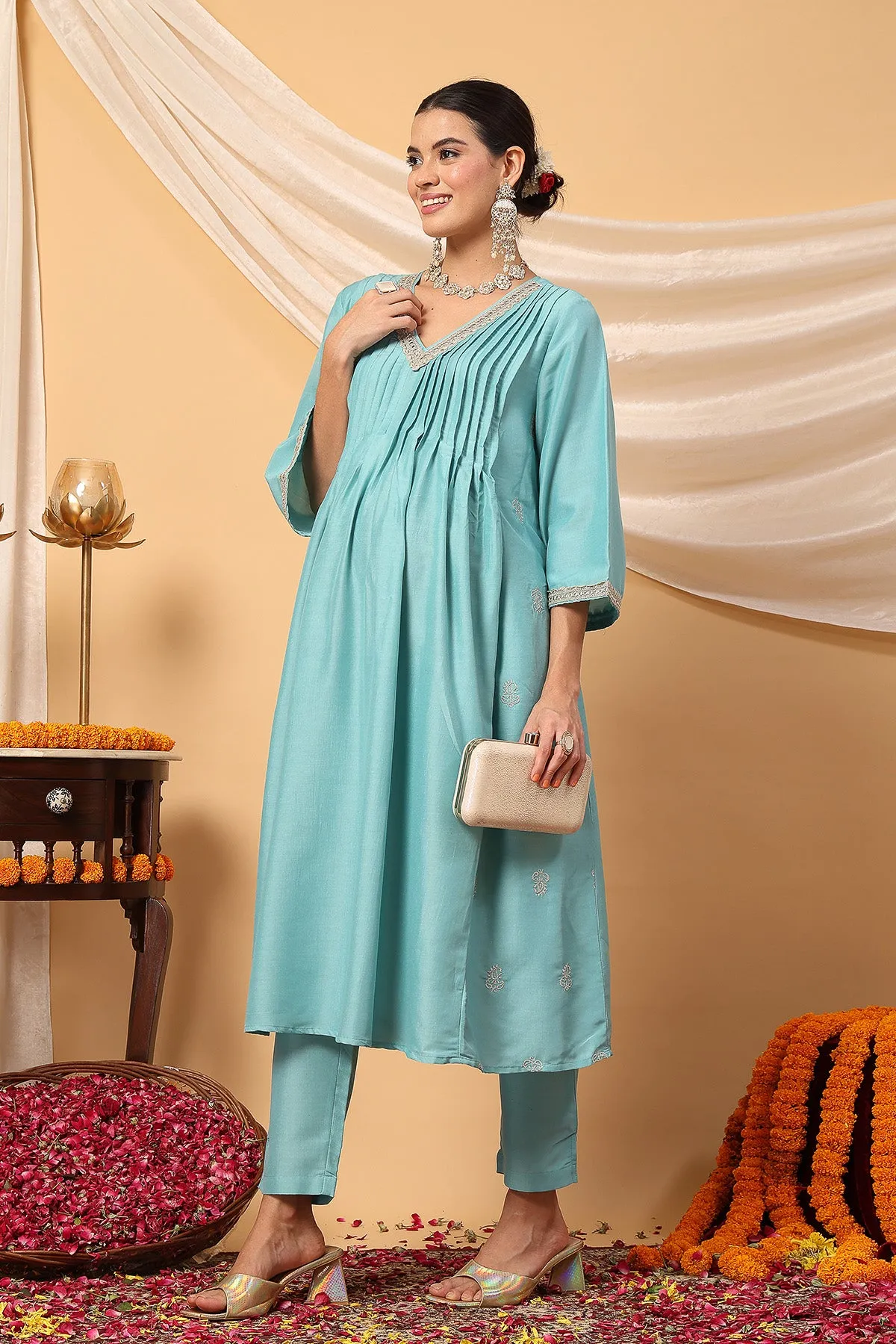 Elegant Turquoise Festive Glow Maternity Feeding Suit Set