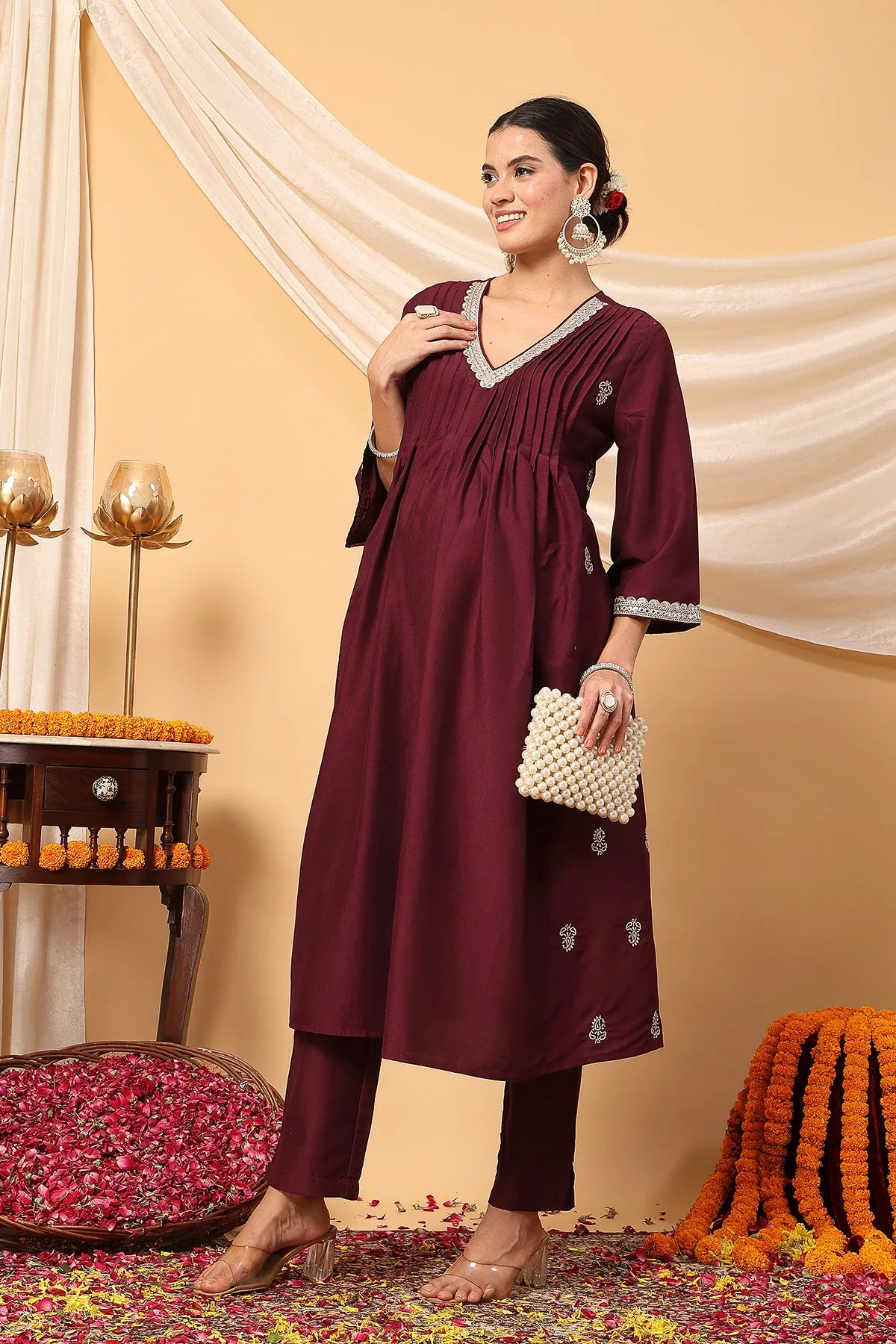 Elegant Wine Festive Glow Maternity Feeding Suit Set